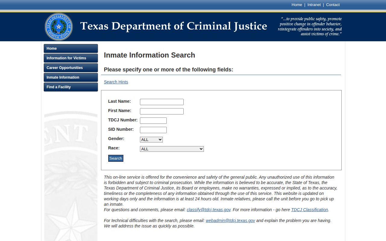 Texas Department of Criminal Justice search for Live Oak County state custody context